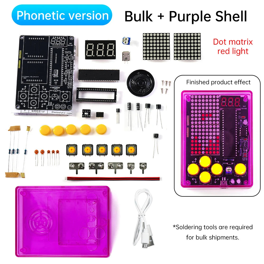 Upgraded DIY Game Kit Retro Classic Electronic Soldering Welding Tranning Set with Purple Blue Acrylic Case Mini Game Console Oasis Select Red light 2
