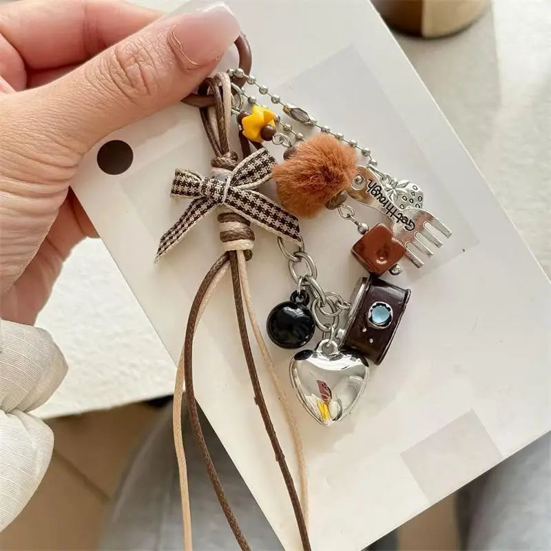 Braided Rope Bow Bead Fluffy Ball Keychain Charm | Girls Gift Keychain Charm Oasis Select A1