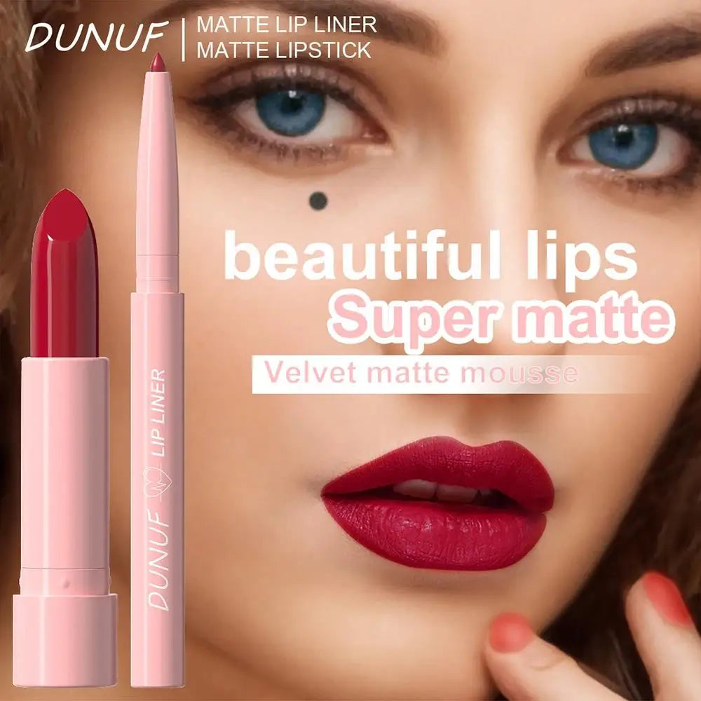 DUNUF 12-Color Matte Lipstick & Lip Liner Set – Waterproof