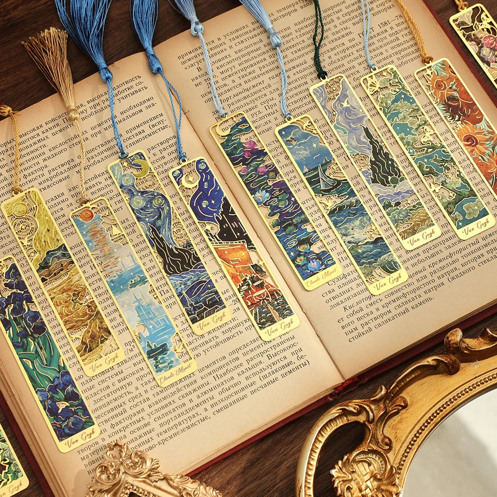 12 pcs Vintage Painting Metal Bookmark Hollow Long Tassel Bookmark Students Reading Tool For Book Lovers Friends Office School Oasis Select