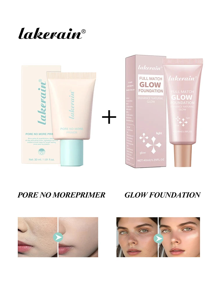 Pore No More Primer & Glow Foundation Set Moisturize Brighten Skin Long Lasting Oil Control Waterproof Sweatproof Primer Kit Oasis Select SET