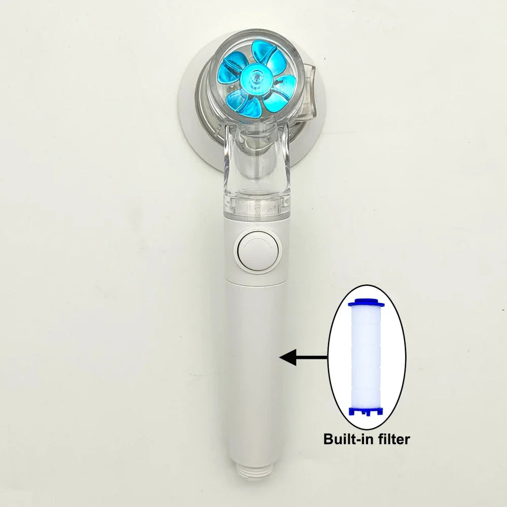 New Propeller Driven Fan Shower Head with Stop Button and Cotton Filter Turbocharged High Pressure Handheld Shower Nozzle Oasis Select White Blue