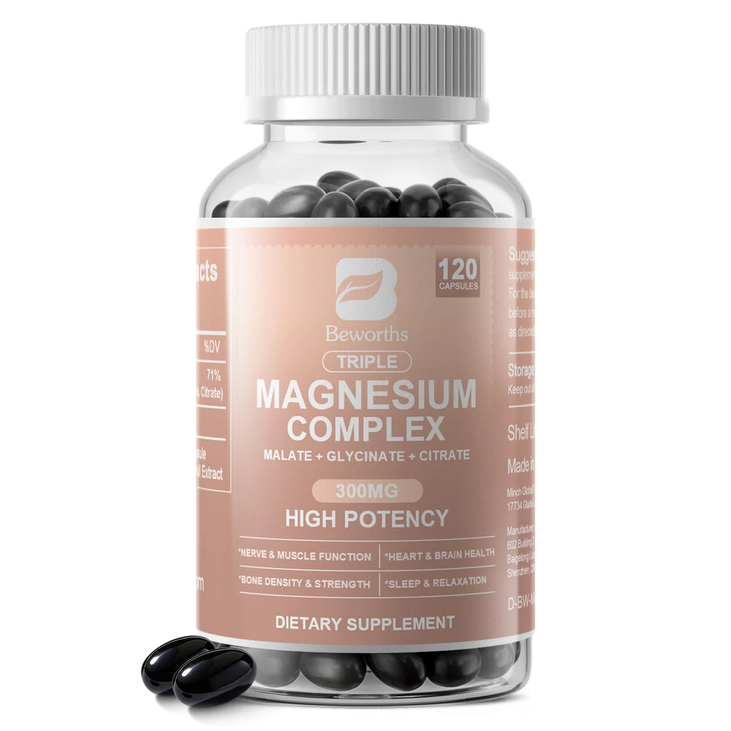 BEWORTHS Magnesium Complex Capsules 300mg Foods Supplements for Muscles, Sleep, Calm, Nervous System & Energy Support Oasis Select 120pcs 3bottles United States