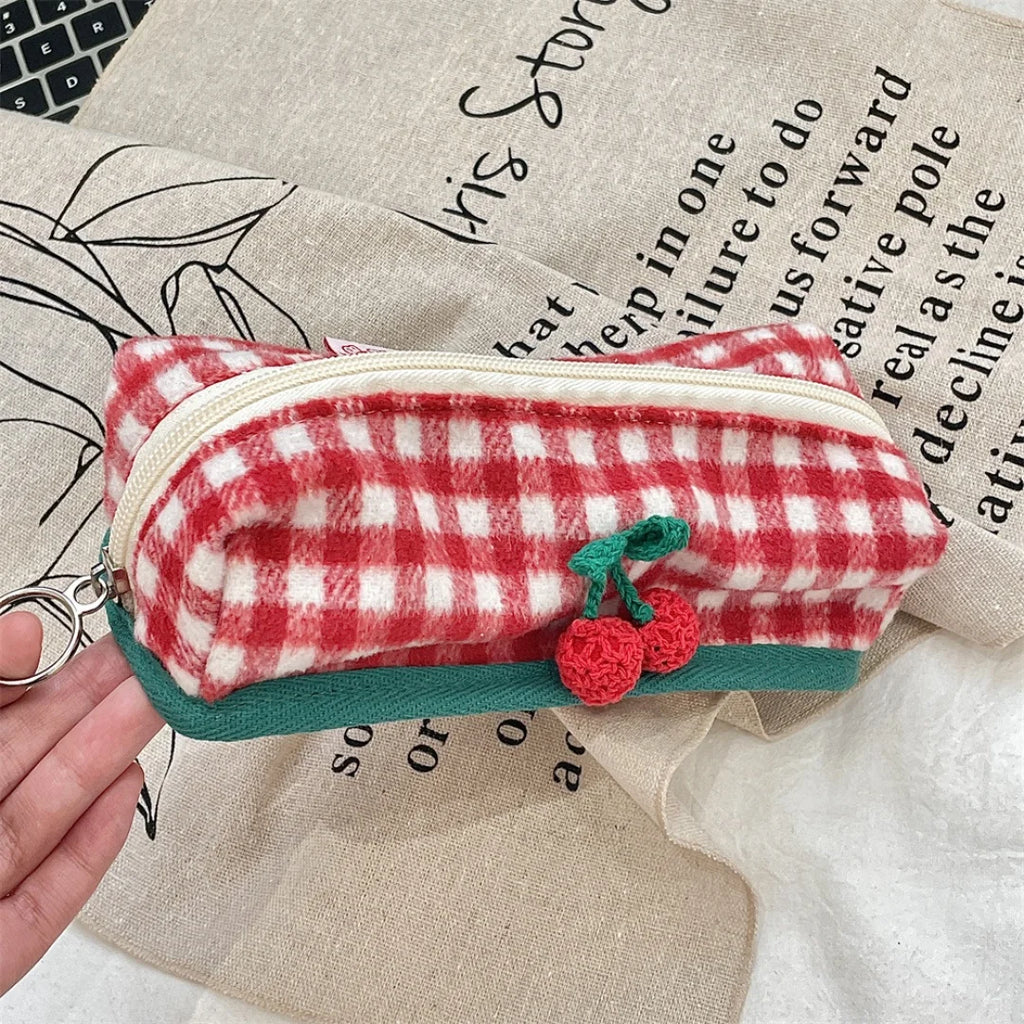 Knitted Plaid Student Stationery Pencil Case Multifunctional Storage Cosmetic Bag Portable Stationery Box Oasis Select