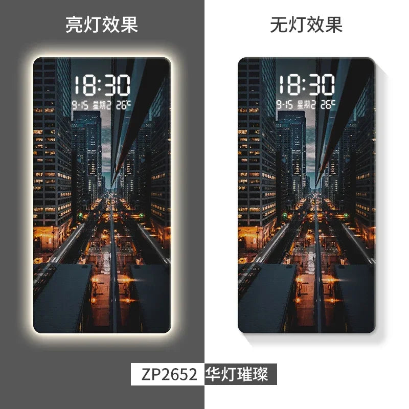 Led Electronic Wall Hanging Clock City Night View Human Body Sensing Decorative Painting Wall Clock Oasis Select ZP2652 80cm x 40cm plug in