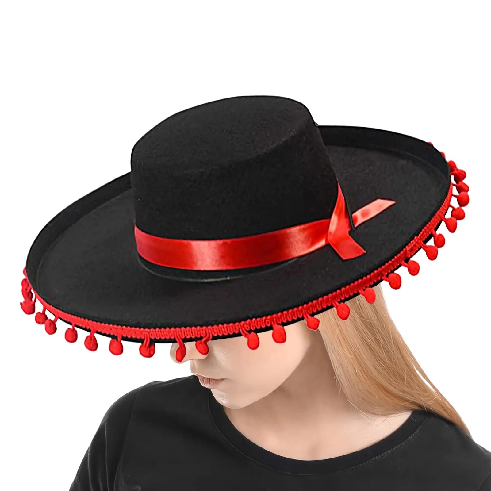 Mexican Sombrero Hat Large Festival Sombrero Party Hats Wide Brim Cosplay Costume with Pom-Poms Spanish Outfit Accessories Oasis Select