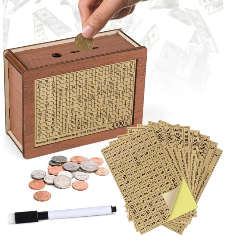 1000/2000/3000/5000/10000 Euro Money Box Piggy Bank Wood Money Bank Reusable Money Box with Saving Goal and Numbers Boxes Oasis Select
