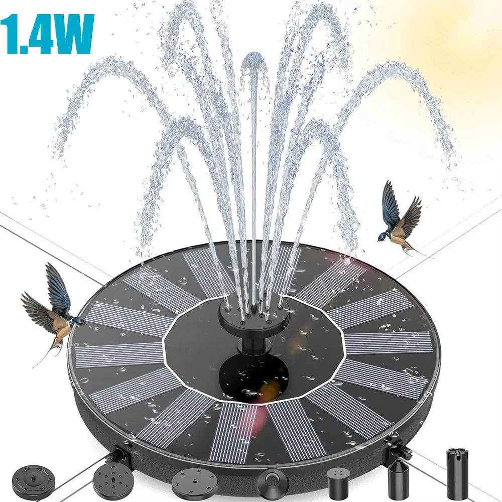 Outdoor Solar Fountain, Solar Water Fountain with 6 Nozzles Various Water Features and 4 Stabilizing Bar, DIY Garden Bird Bath Oasis Select 1.4W