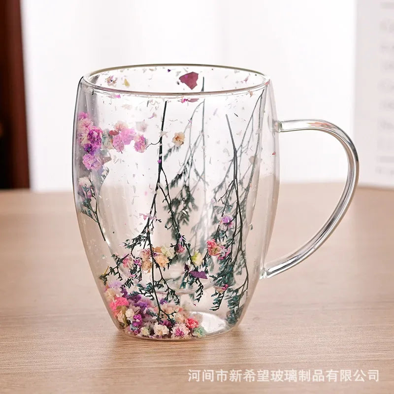 Fillings Dry Flowers Double Wall Glass Cup With Handle Heat Resistant Tea Coffee Cups Espresso Milk Mug Creative Gift Oasis Select A 301-400ml