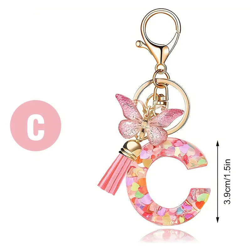 1pc Pink Glitter Letter Keychain with Heart Butterfly Tassel Crystal Resin Charm Fashion Accessory Gift for Women & Girls Oasis Select C