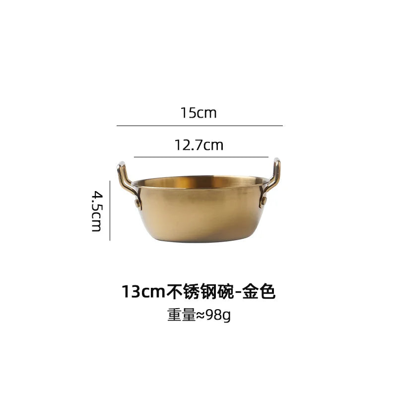 1Pcs Korean Style Cuisine Bowl Durable Stainless Steel Rice Wine Bowls Household Double Ear Snacks Plate Instant Noodle Bowl Oasis Select gold-S