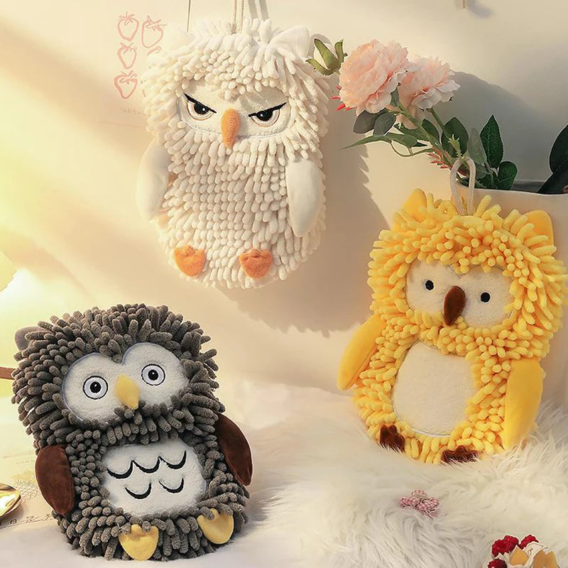 Cartoon Owl Chenille Hand Towel With Fuzzy Balls, Absorbent Fast-Drying Soft Hanging Towels For Bathroom And Kitchen Oasis Select