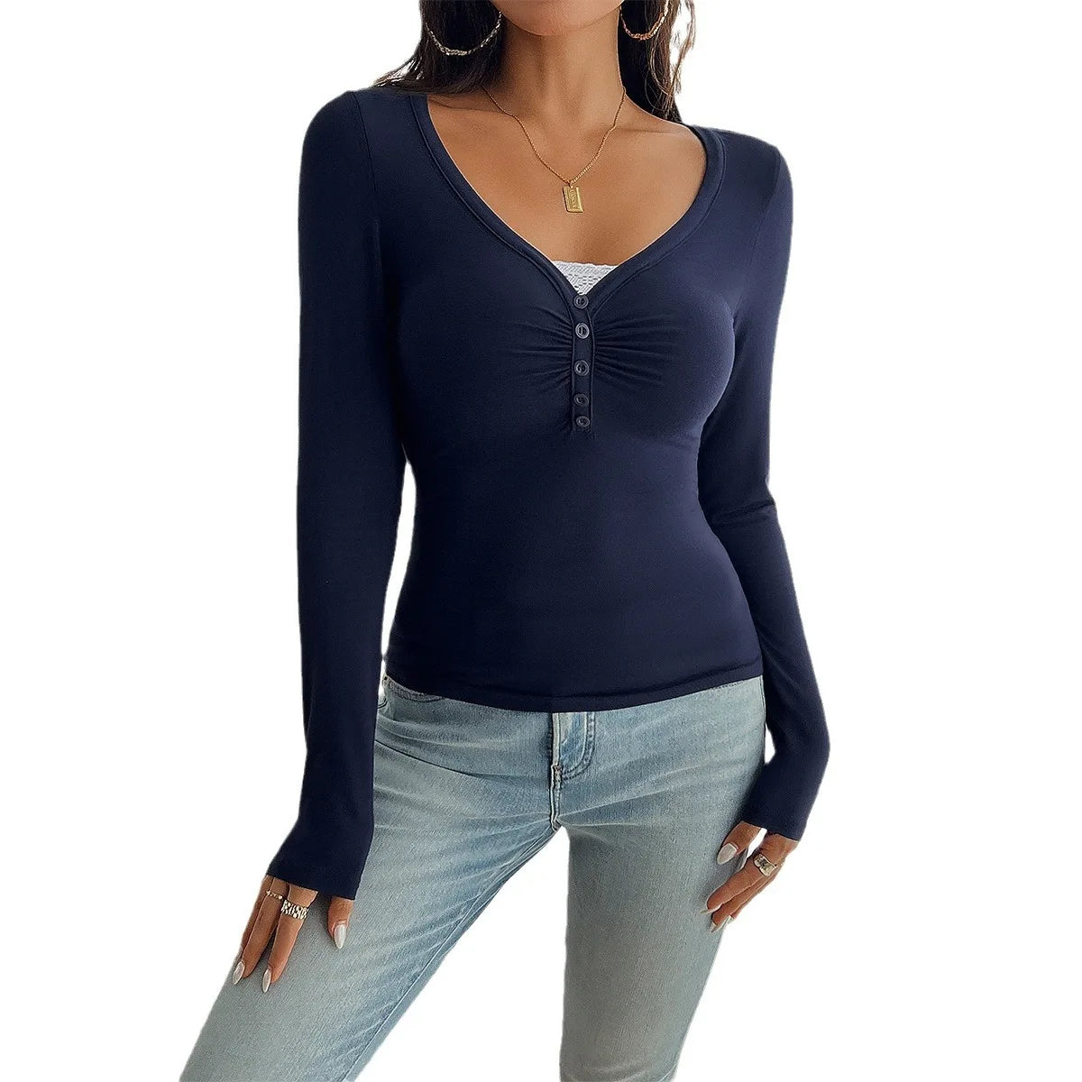 Women's Blue V-Neck Knit Slim Fit Long Sleeve Pullover Top