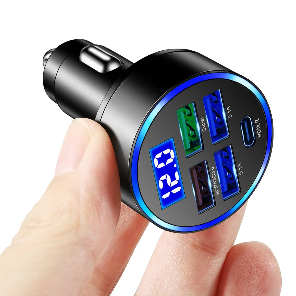 PD QC30 Car Charger 5 Ports Fast Charge USB C 250W LED Phone Charger Type C Adapter for Iphone Samsung Huawei Xiaomi Oasis Select