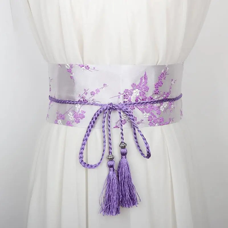 Vintage Floral Embroidered Waistband For Women Elegant Chinese Style Bow Tie Wrap Around Belt With Tassels For Dress Clothing Oasis Select H