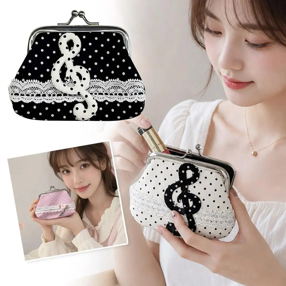Retro Mini Pouch Polka Dot Coin Bag Women's Small Wallet Lace Decor Music Note Pendant Portable Storage Organizer Oasis Select