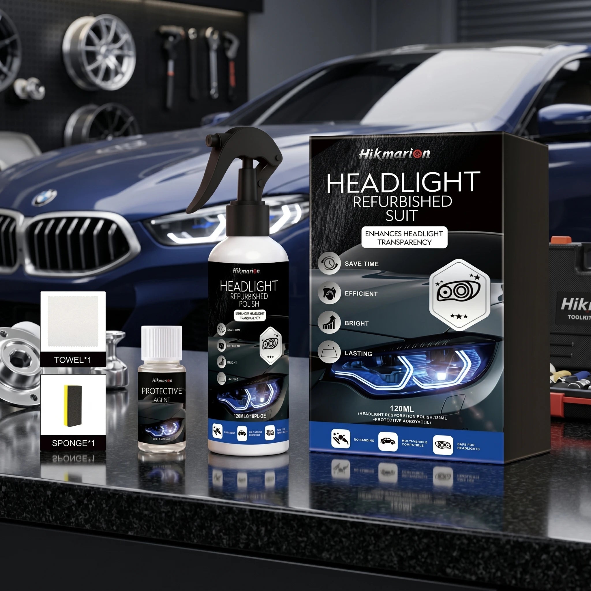 Car Headlight Restoration Kit Scratch Remove Oxidation and Yellowing Restore Clarity Brightness No-Sanding Headlight Polish Oasis Select