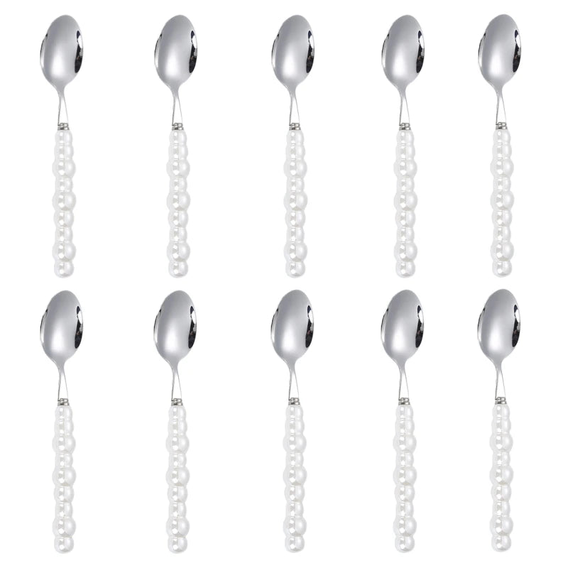 10Pcs of Ceramic Handle Tableware, Stainless Steel Spoon Set, Creative Pearl Shape Handle Soup Spoon Rice Spoon Kitchen Supplies Oasis Select 10pcs spoon