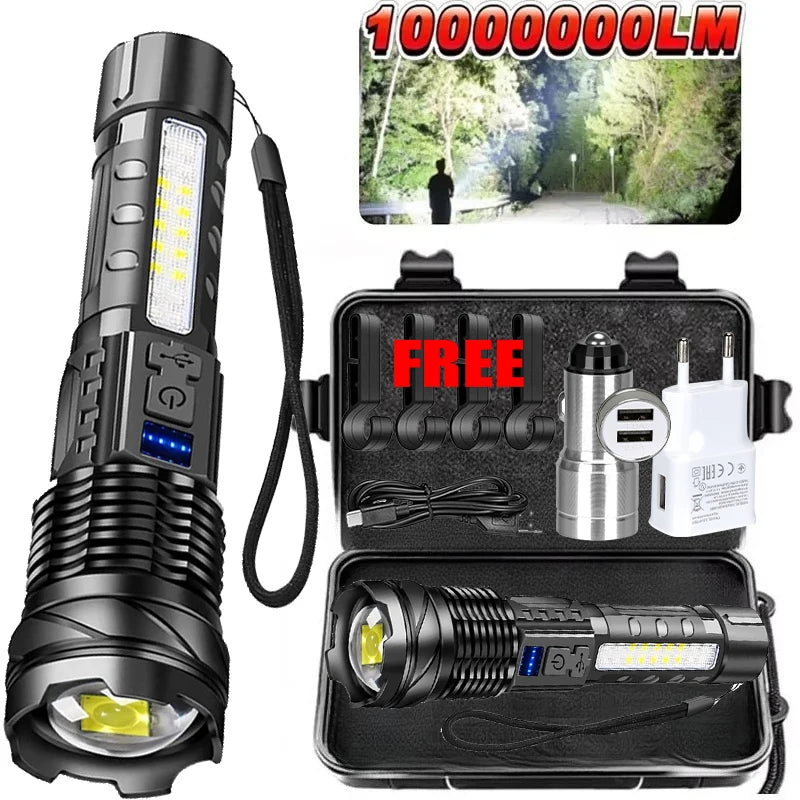 High Powerful LED Flashlight Rechargeable Waterproof Torch with Side Light 7 Modes Zoomable Lamp for Camping Fishing Lantern Oasis Select Set