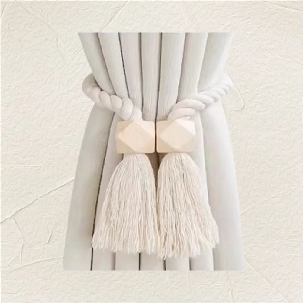 Hand-woven solid wood magnetic knot curtain tiebacks with Boho style, suitable for living room and bedroom home decoration. Oasis Select White-square