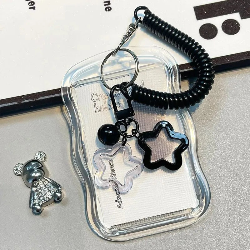Kawaii Wavy Edge Clear Card Holder with Star Keychain Transparent ID Badge Holder for Student Bus Card & Credit Card Storage Oasis Select