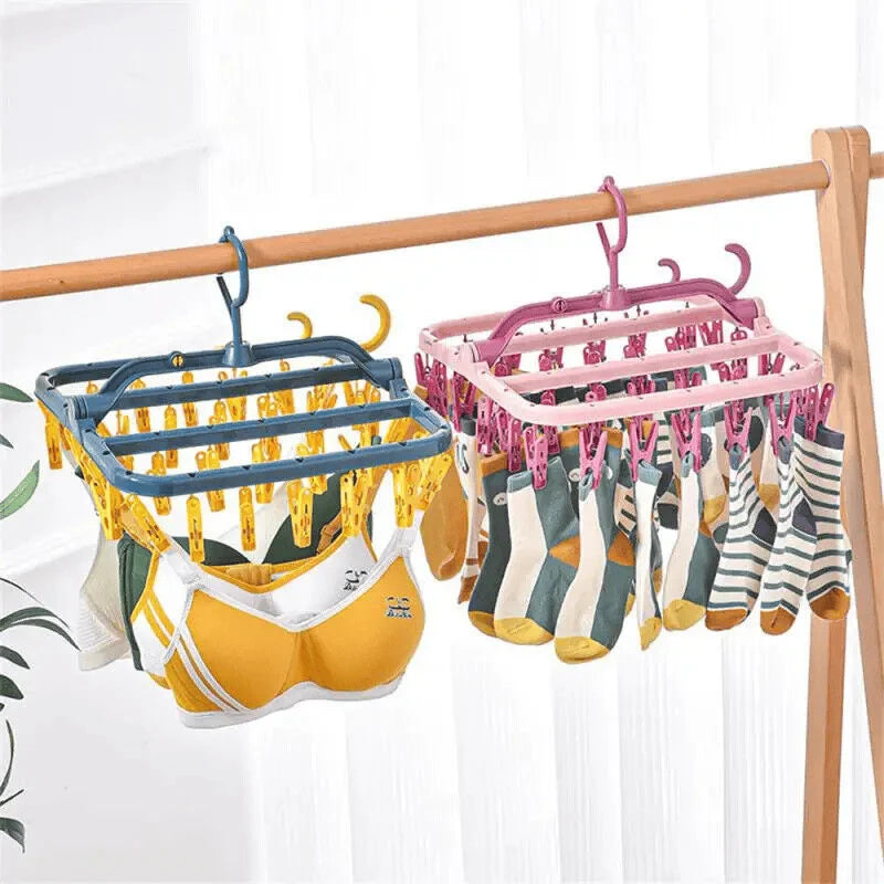 32 Clips Folding Clothes Dryer Hanger Windproof Socks Underwear Drying Rack Household Children Adults Storage Laundry Rack Oasis Select