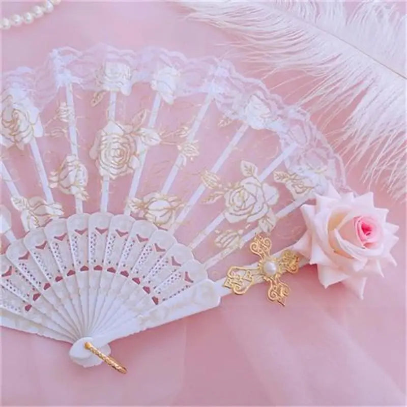 Lolita Gothic Fan Victorian Female Lace Hand Fan Vintage Black White Red Rose Bamboo Fans Cosplay Halloween Party Supplies Oasis Select C as pictures