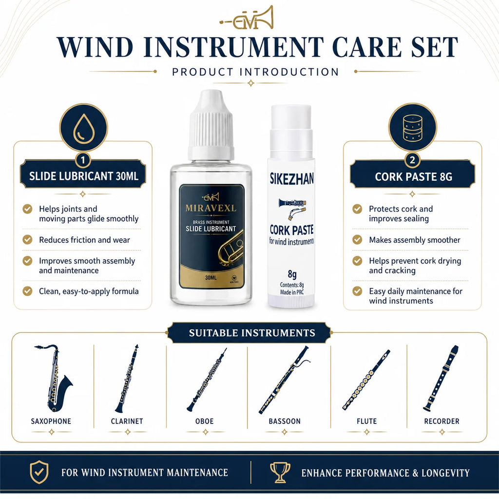 Musical Instrument Care Kit – Valve Oil, Cork Grease & Cleaning Brushes for Brass & Woodwind Instruments, Professional Set Oasis Select