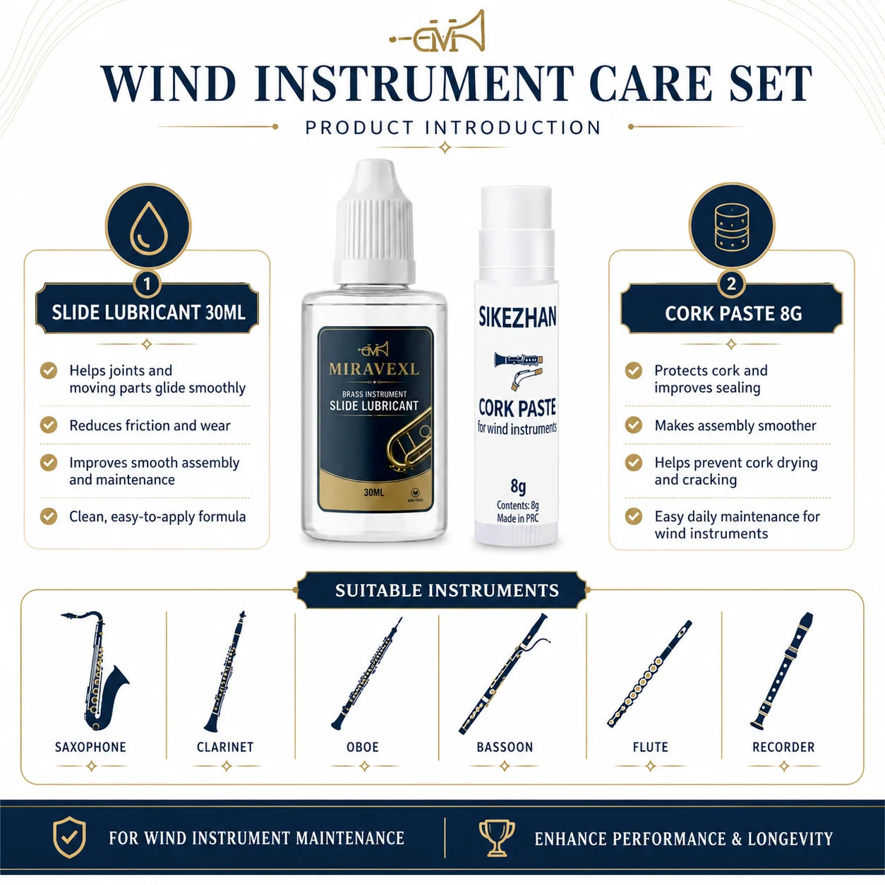 Musical Instrument Care Kit – Valve Oil, Cork Grease & Cleaning Brushes for Brass & Woodwind Instruments, Professional Set Oasis Select