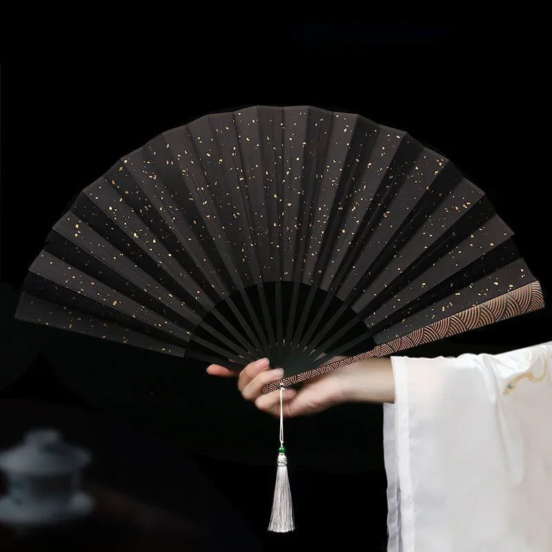 Cloud Pattern Fine Carved Rice Paper Folding Fan Black Sprinkled Gold Silk Cloth Antique Sea Wave Pattern China-Chic Fan Oasis Select Black 10-inch