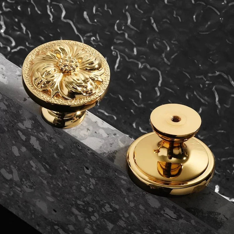 Brass Furniture Genuine Gold Plated Handle Cabinet Door Handle Drawer Light Luxury French European Gold High-end Single Hole Oasis Select