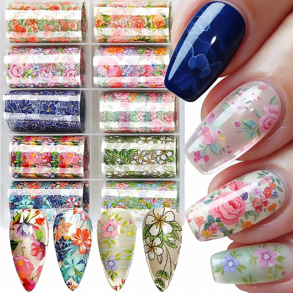 10 Rolls Flower Nail Foil Nails Art Design Stickers Decals Holographic Foils Paper Starry Sky Star Transfer Foil Nail Decoration Oasis Select