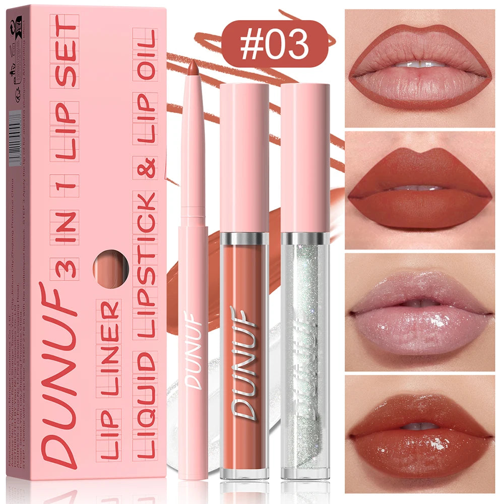 Lip Gloss Lip Liner Lip Oil 3pc/set: Matte Lipstick Waterproof Moisturizing Long Lasting Nude Y2K Christmas Valentine's Day Gift Oasis Select 03