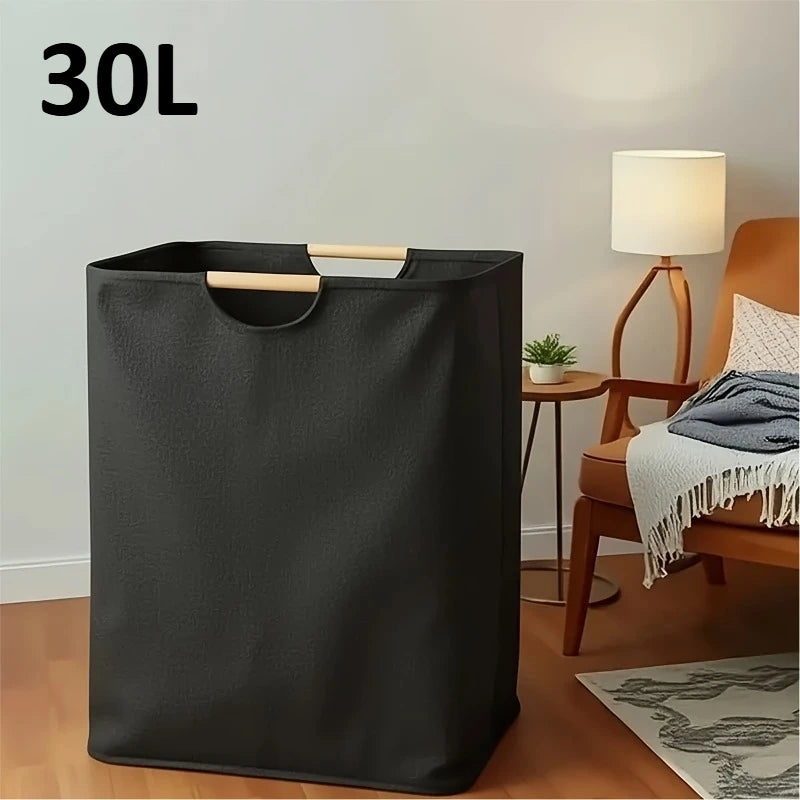 Foldable Laundry Basket,Extra Large Storage Hamper with Wooden Handles,Collapsible Organizer for Bathroom Bedroom Laundry Hamper Oasis Select Black-30L