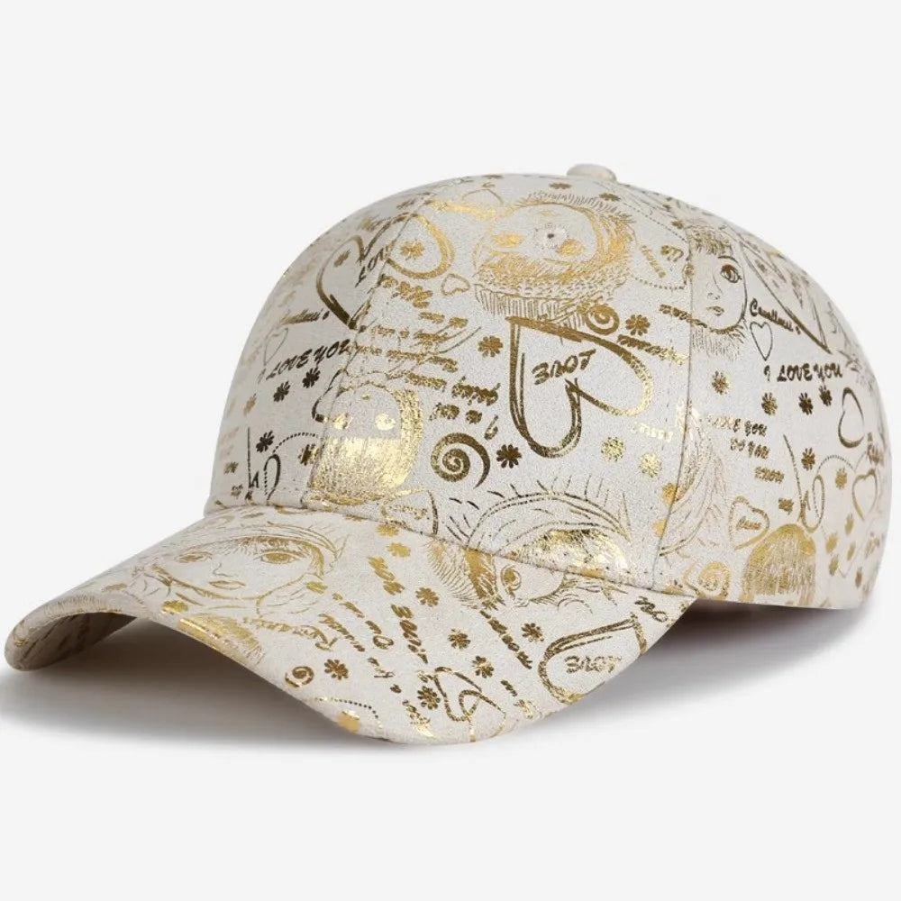 Golden Sketch Print Graffiti Baseball Cap Cotton Curved Brim Baseball Hats Adjustable Hip Hop Visor Cap For Man Women Unisex Oasis Select Beige