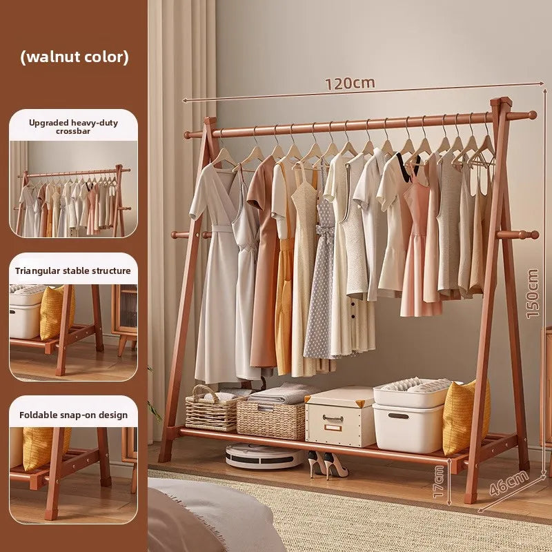 Solid wood coat rack household hanger floor-to-ceiling bedroom balcony drying clothes storage rack hanging bag rack Oasis Select Walnut-120cm