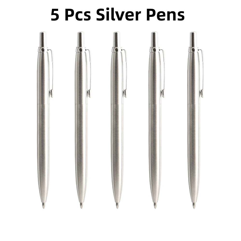 5Pcs Metal Ballpoint Pens Set,G2 Refill Blue Ink Automatic Pens, Promotional Writing Pens for School Office Stationery Metal Pen Oasis Select 5 Pcs Silver Pens