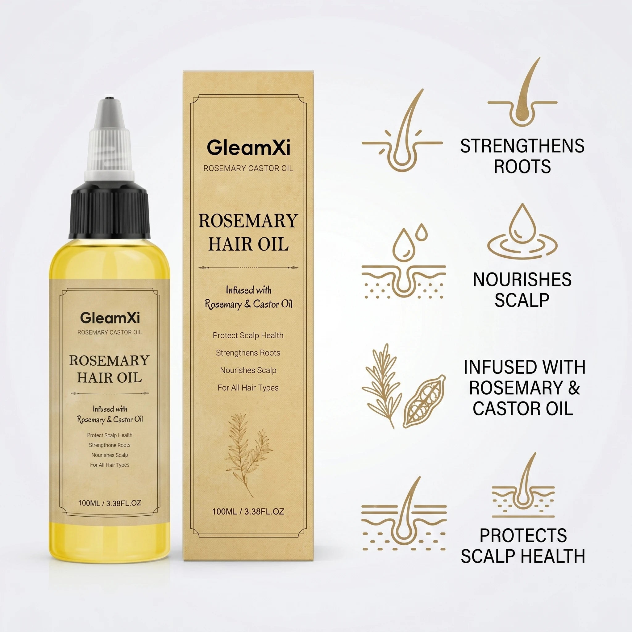 Rosemary Castor Hair Oil Strengthens Roots and Nourish Scalp Anti Hair Loss Reduce Breakage Voluminous Soft Hair Care Oasis Select