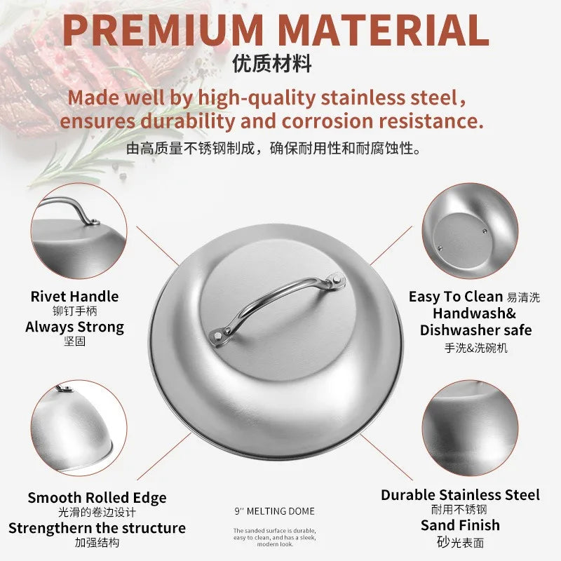 Stainless Steel Basting Cover Heatproof Round Cheese Melting Dome Burger Cover Meal Food Cover Kitchen Cooking Supplies Oasis Select