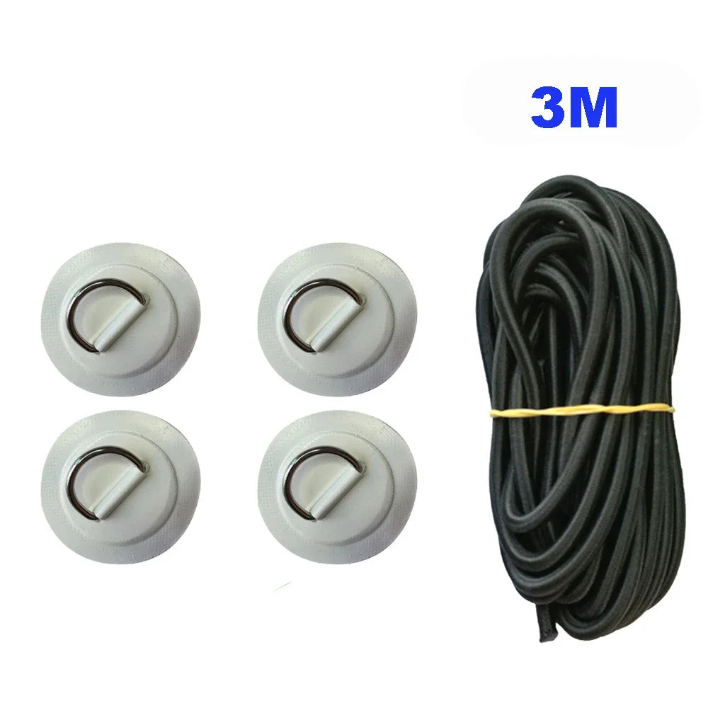 Surfboard Dinghy Boat PVC Patch With Stainless Steel D Ring Deck Rigging Sup Round Ring Pad 5M Elastic Bungee Rope Kit Oasis Select 4White Pad 3m rope