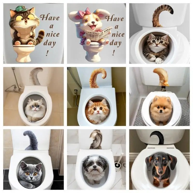 3D Cat & Dog Toilet Sticker – Waterproof Removable Bathroom Decal