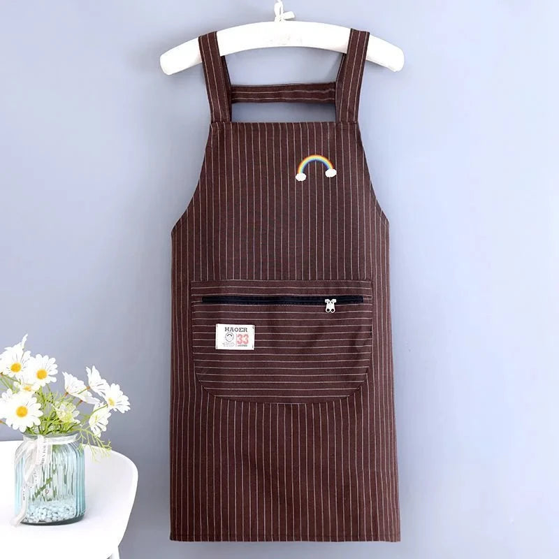 Kitchen Oil Resistant Aprons Striped Zippered Cotton Apron With Straps Breathable Apron Women's Dirt Resistant Work Clothes Oasis Select
