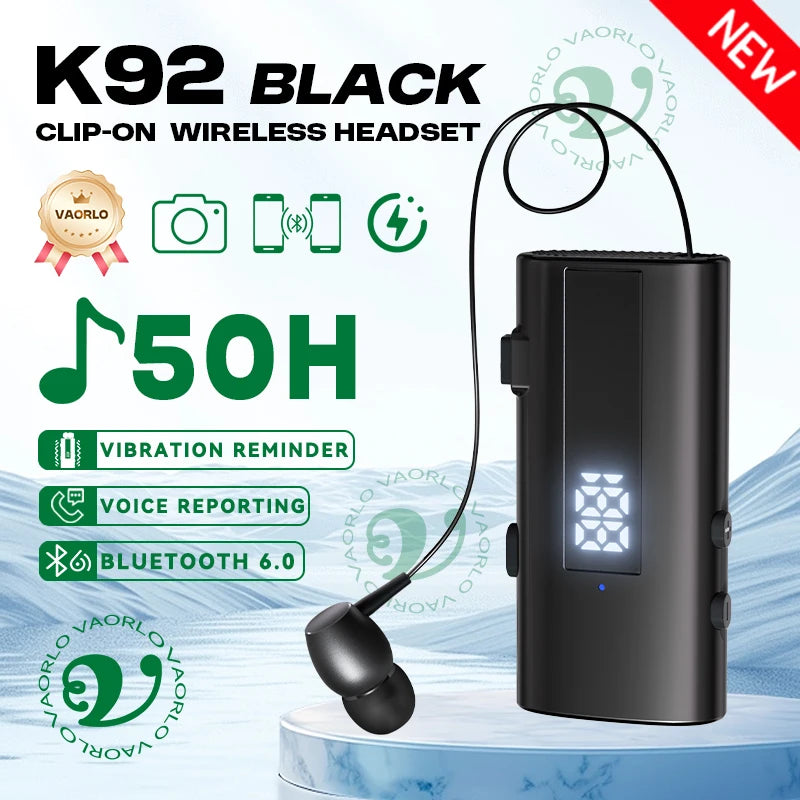 K92 Bluetooth 6.0 Lavalier Business Headset Call 30h/Music 50h Vibration Reminder LED Digital Display With Mic Wireless Earphone Oasis Select Black
