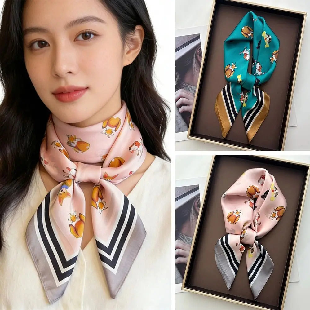 Cute 70x70cm Women Square Scarf Soft Silk Satin Cartoon Dog Print Shawl Hijab Fashion Accessory Oasis Select