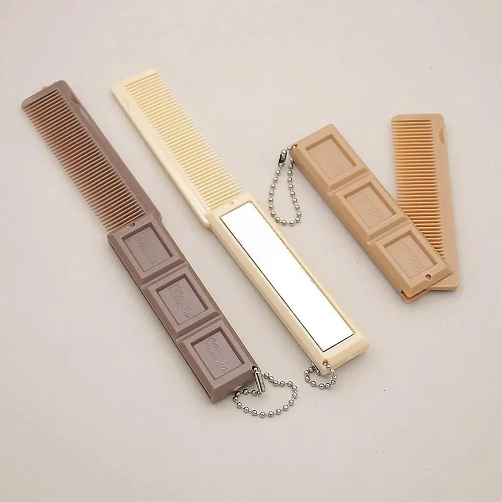 2 in 1 Foldable Hair & Makeup Comb, Chocolate-Shape Folding Comb with Mirror Portable Massage Comb Brush for Travel Hair Styling Oasis Select