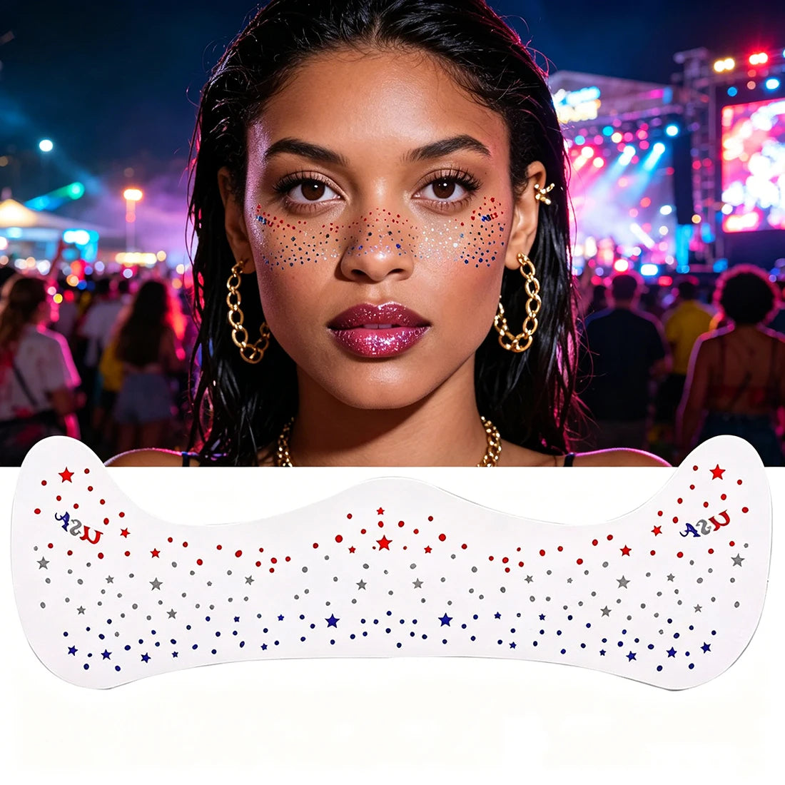 4th of July Glitter Face Tattoos – 2Pcs Patriotic Freckle Stickers Temporary Face Tattoos Oasis Select