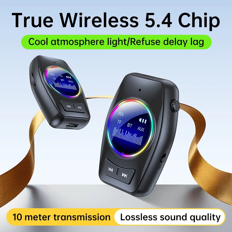 RGB Bluetooth 5.4 Audio Transmitter Receiver LED Display Hifi Music Wireless Adapter With Mic 3.5MM AUX TF Card Play For TV Car Oasis Select