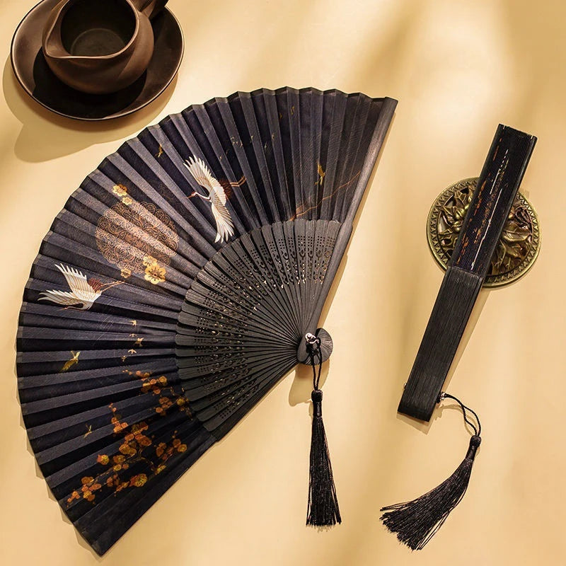 Ancient Style Folding Fan Embroidery Fringe Hanfu Holding Dance Props Fan Hand Held Fan Oasis Select