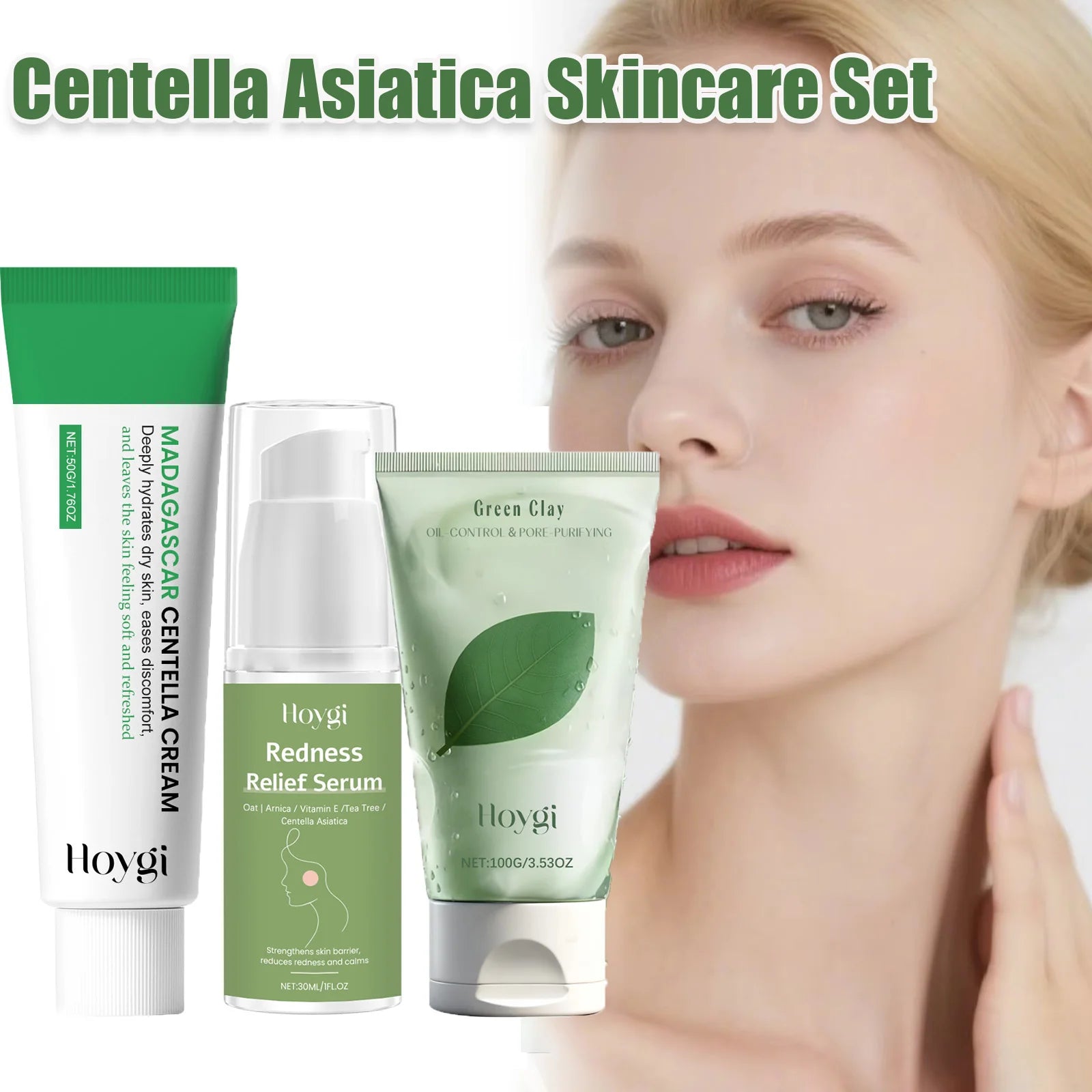 Centella Asiatica Skincare Set Green Clay Cleanser Centella Cream & Serum For Sensitive & Acne Prone Skin Moisturizing Soothing Oasis Select