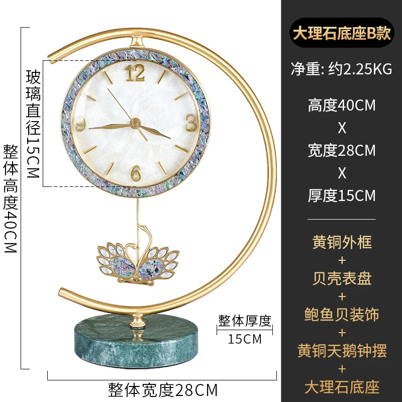 Living Room Clock European-style Home Creative Counter Brass Decorated Clock Light Luxury Metal Quartz Table Clock Oasis Select B Marble base